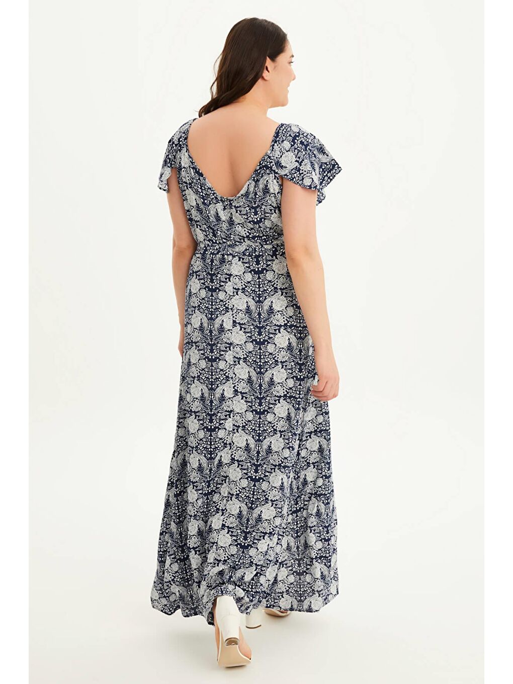 Lacivert Kolları Volanlı Uzun Elbise-4