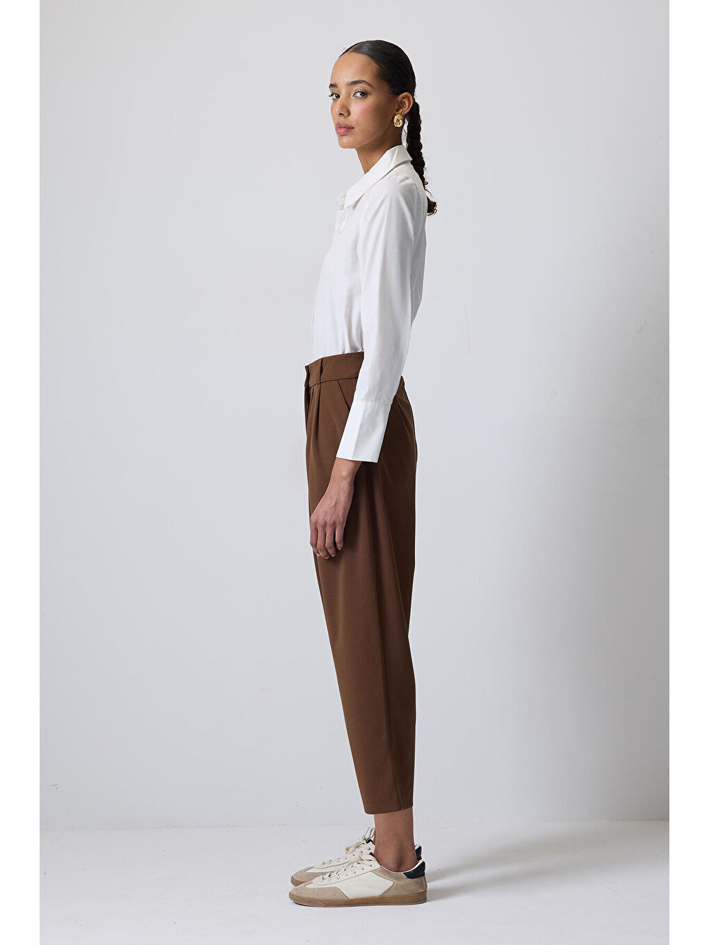 Kahverengi Çift Pileli Bol Pantolon-2