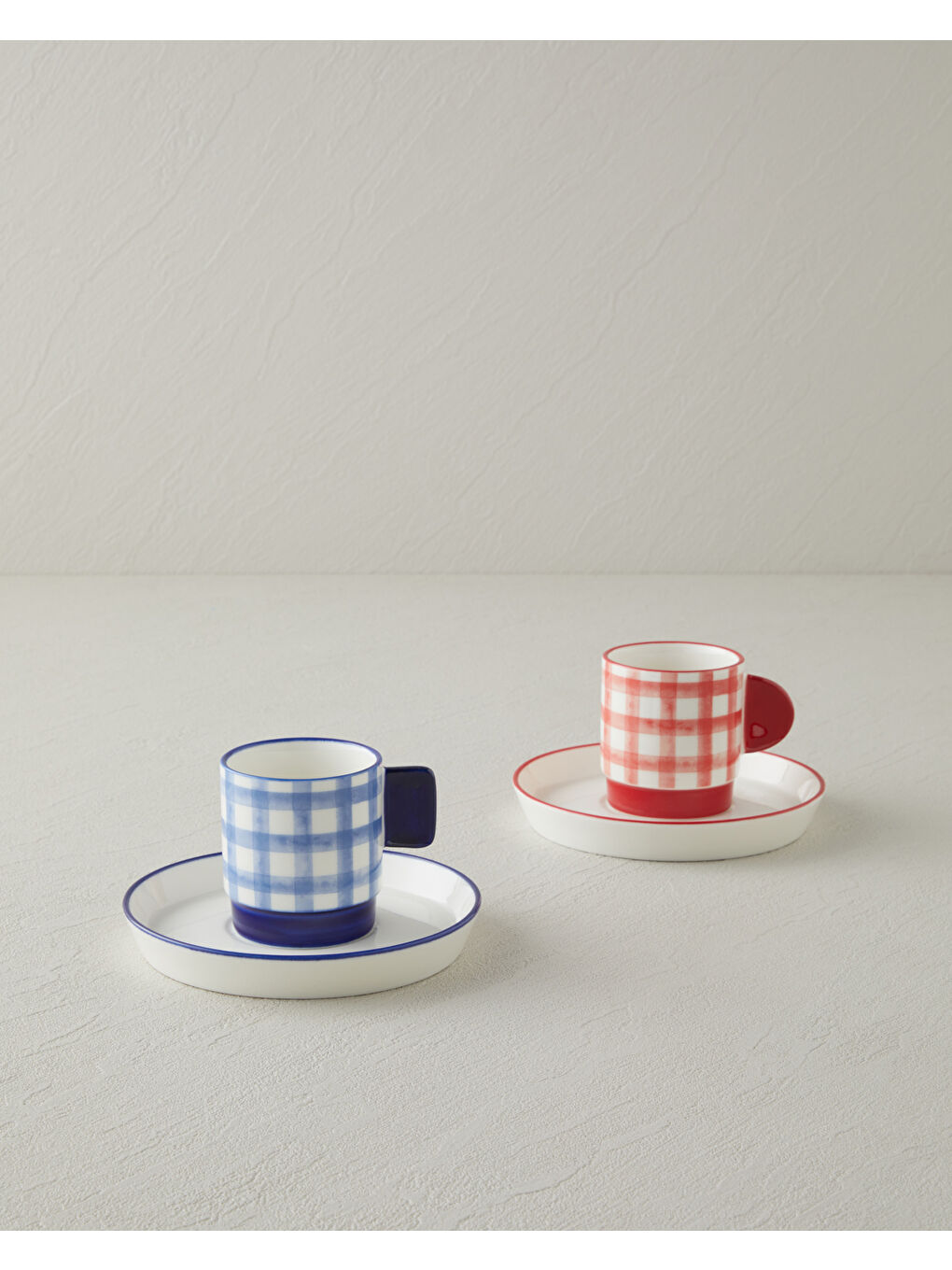 Check & Sip Porselen 4 Parça 2 Kişilik Kahve Fincan Takımı 90 ml Kırmızı - Lacivert