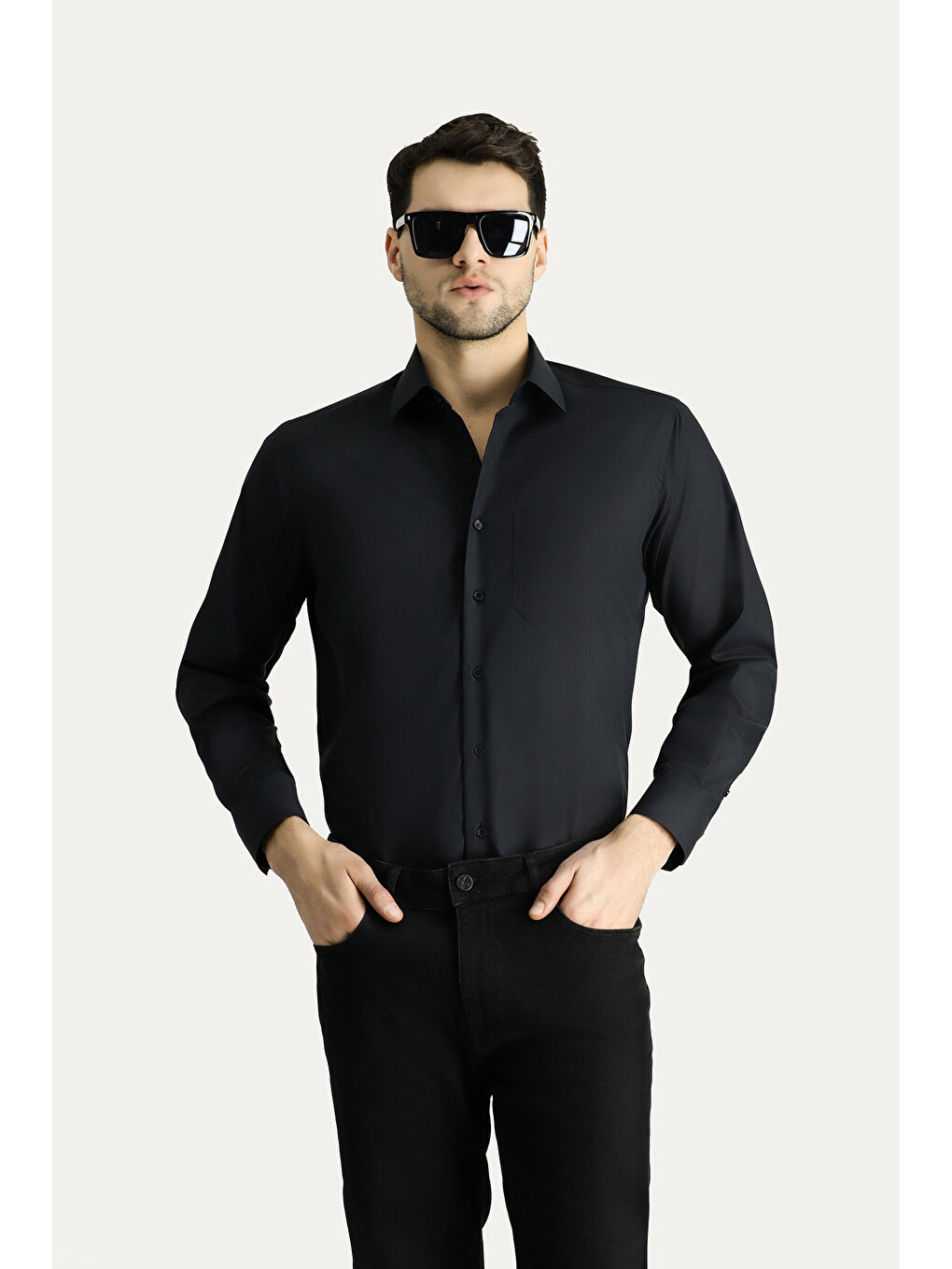 Siyah Uzun Kol Regular Fit Non Iron Ütü Gerektirmeyen Pamuklu Büyük Beden Gömlek