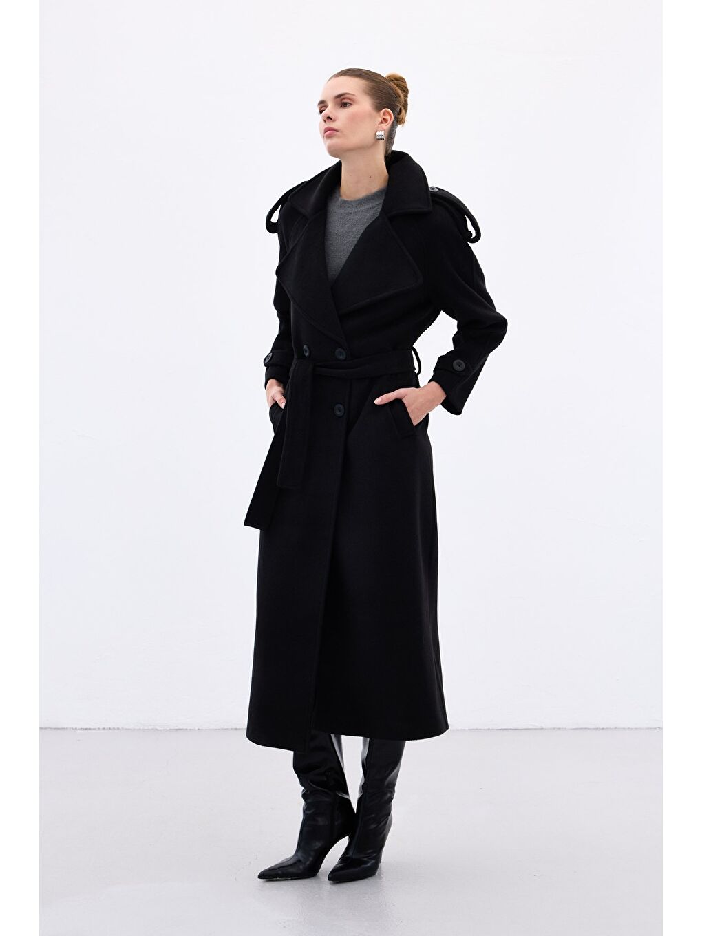 Geniş Yaka Uzun Kaban - Siyah-4