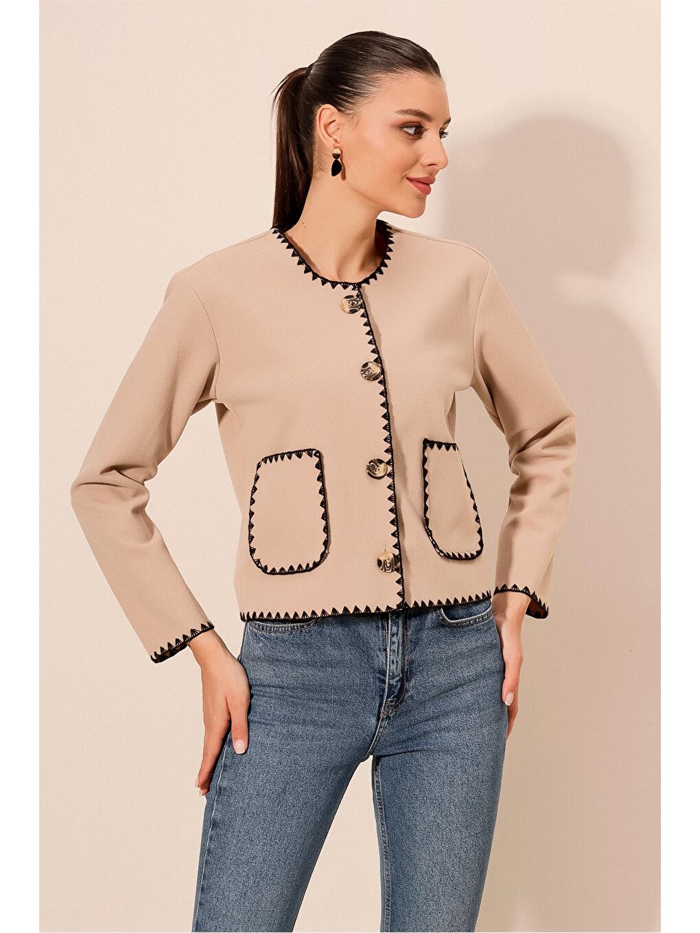 0689 Nakışlı Kaşe Ceket - Bej-2