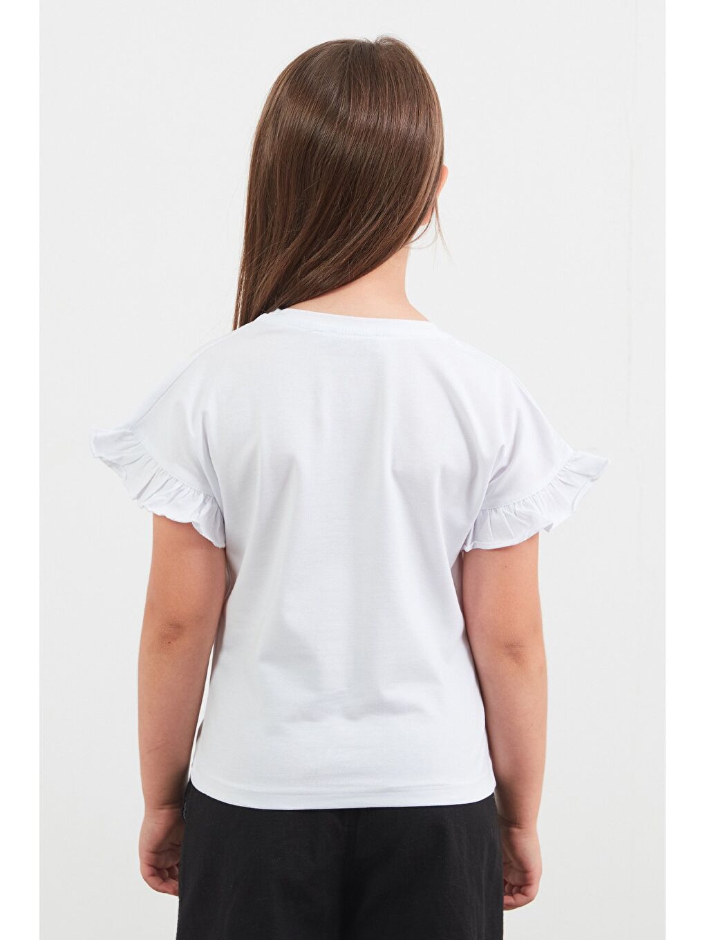 Beyaz Tavşan Baskılı Kolu Fırfırlı Kız Çocuk Tişört-2