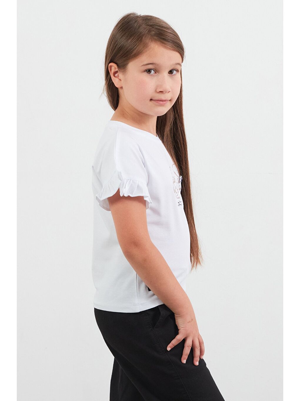 Beyaz Tavşan Baskılı Kolu Fırfırlı Kız Çocuk Tişört-3