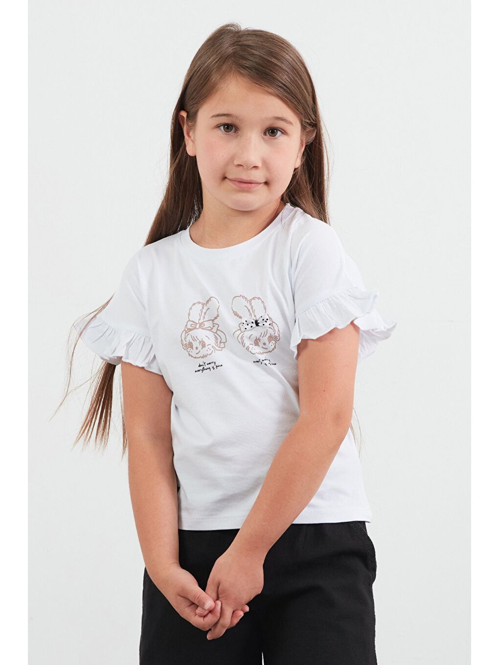 Beyaz Tavşan Baskılı Kolu Fırfırlı Kız Çocuk Tişört-4