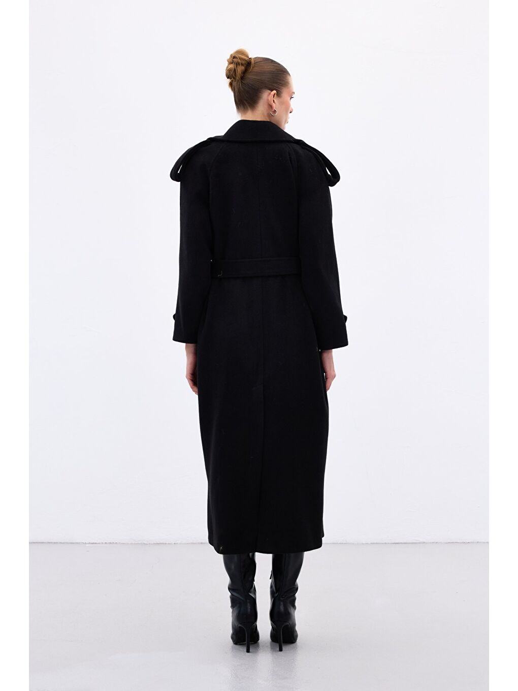 Geniş Yaka Uzun Kaban - Siyah-7