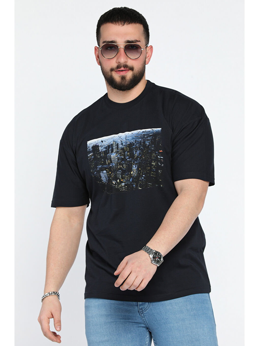 Lacivert Erkek Bisiklet Yaka Baskılı  Tişört