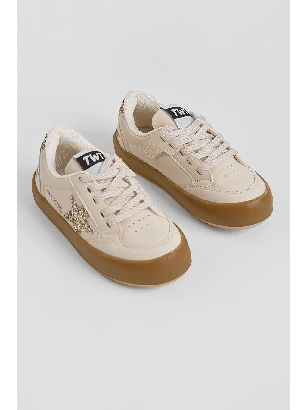 Bej Çocuk Unisex Krem Gold Termo Taban Yıldız Detaylı Bağcıklı ve Cırtlı Spor Ayakkabı-2