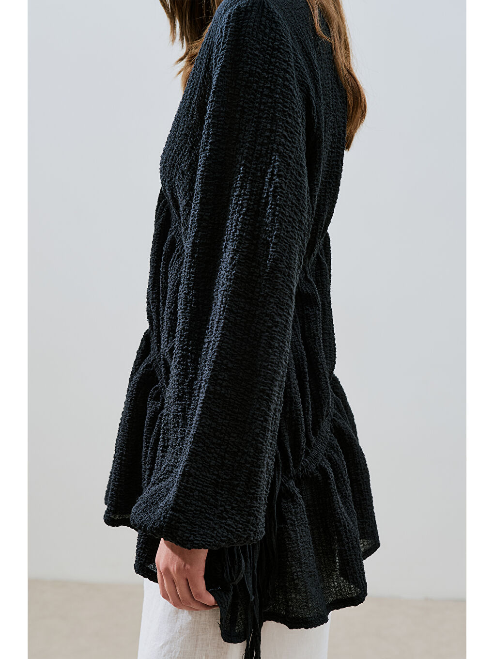 Büzgü Bağlamalı Dokulu Tunik Siyah-1