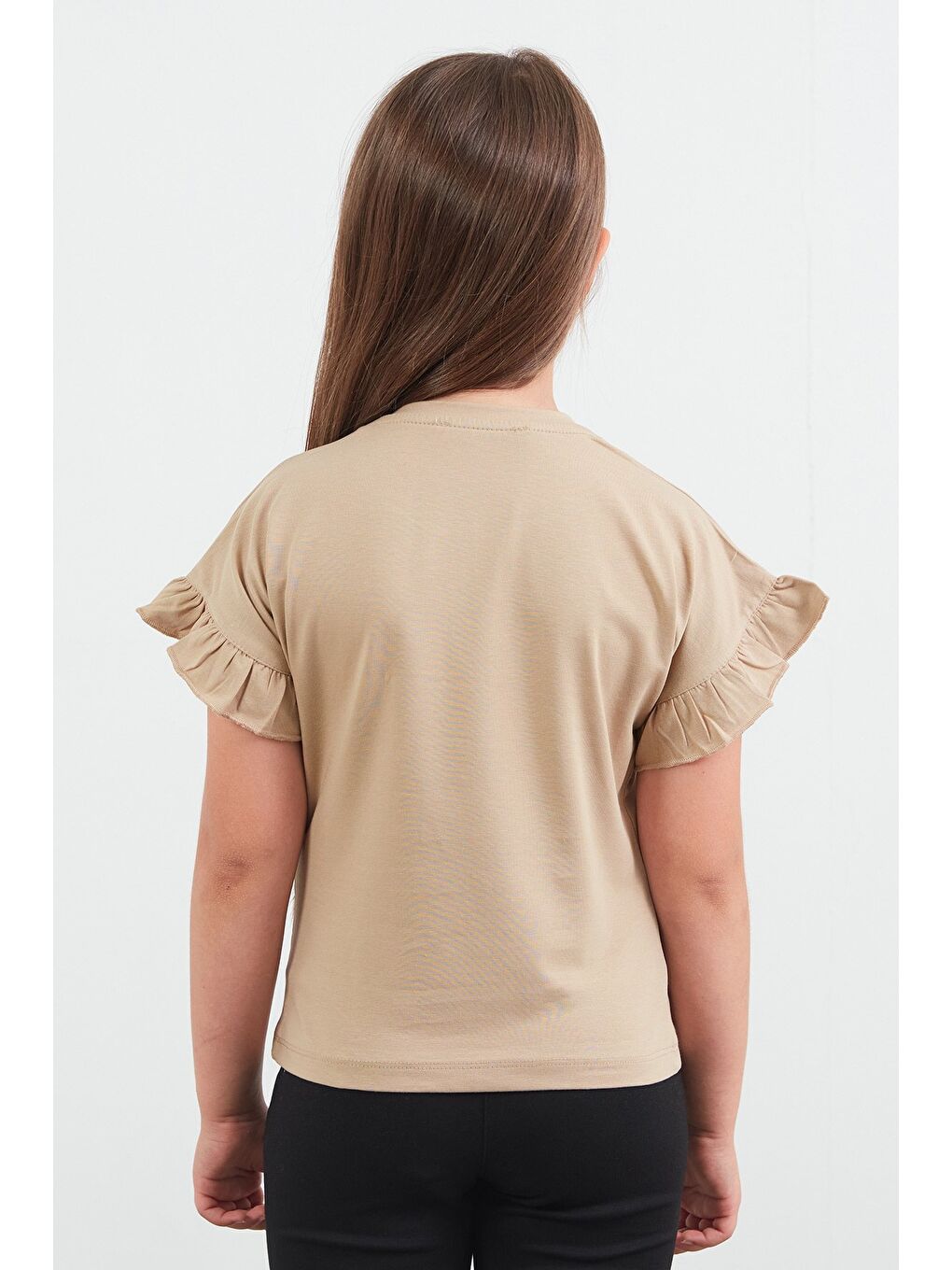 Bej Tavşan Baskılı Kolu Fırfırlı Kız Çocuk Tişört-3