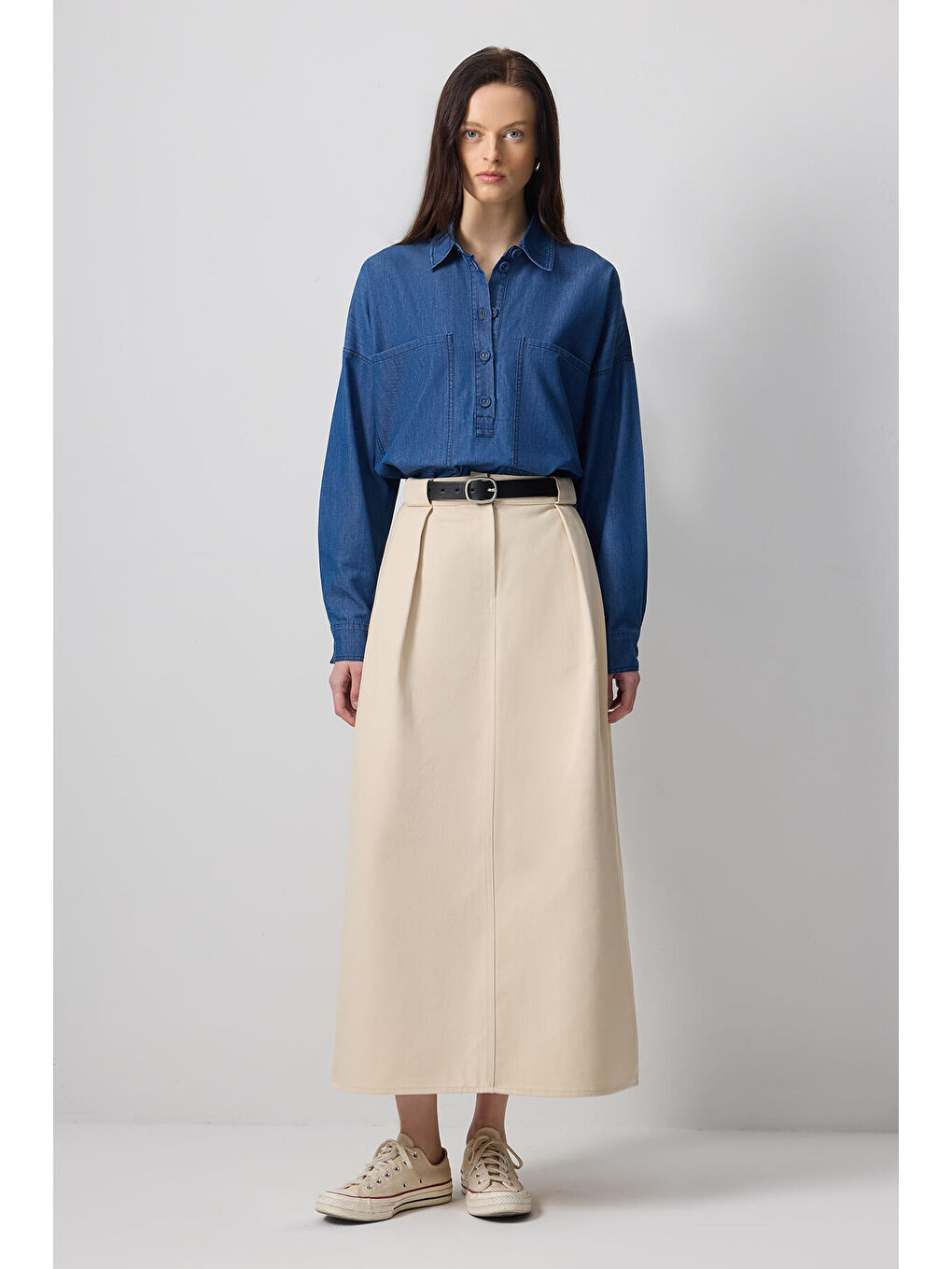 Ekru Pileli A Kesim Etek-1