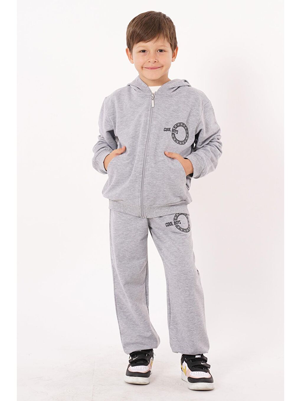 Yazı Baskılı Kapüşonlu Gri Melanj Renk Erkek Çocuk Fermuarlı Eşofman Takım