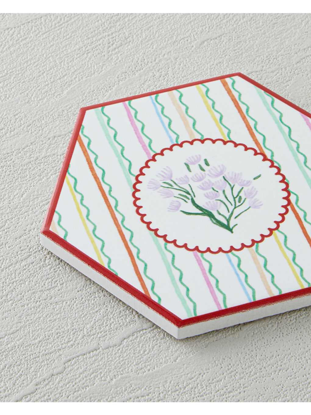 Beyaz Floral Stripe Seramik Bardak Altlığı 11 cm Renkli-1