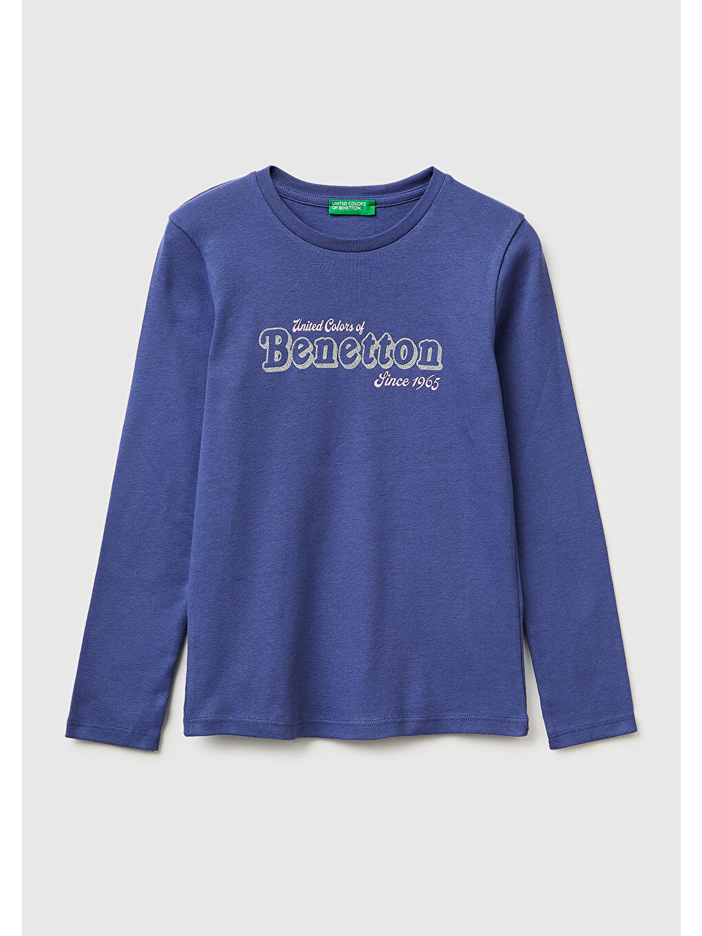 Kız Çocuk Koyu Lacivert Simli Logo Detaylı Bisiklet Yaka Uzun Kollu T-Shirt