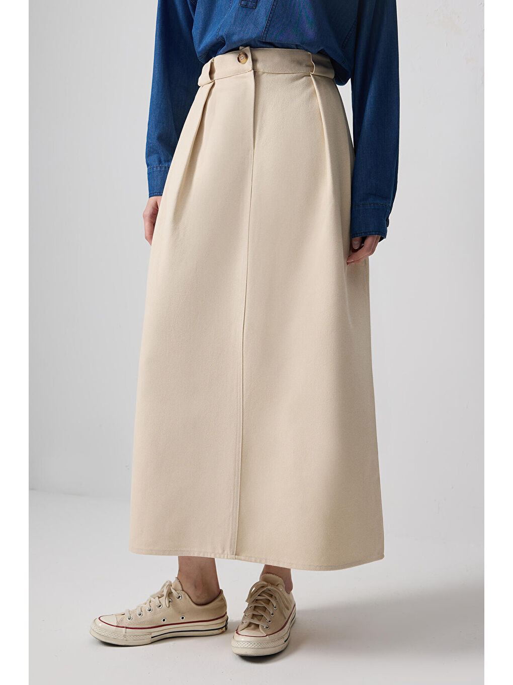 Ekru Pileli A Kesim Etek-2