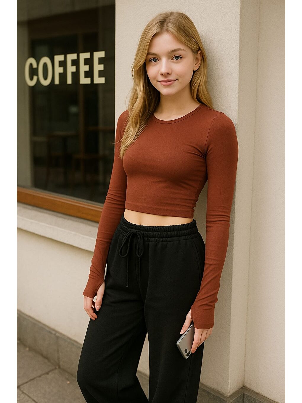 Kahverengi Parmak Geçmeli Crop Top Bluz Viskon Badi