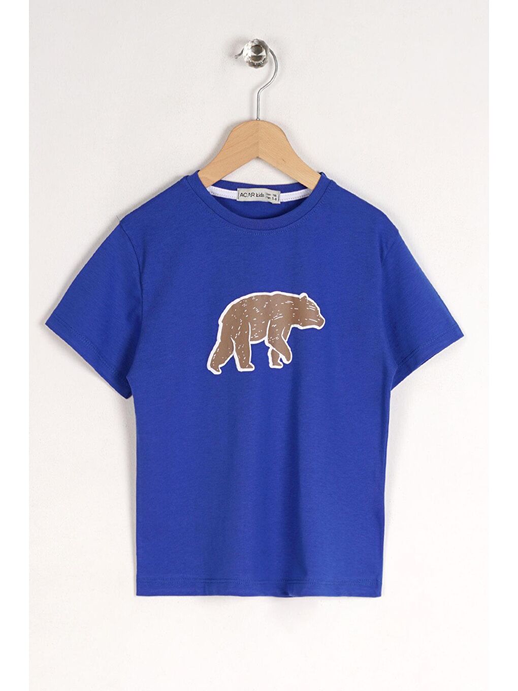 Mavi Bisiklet Yaka Kısa Kol Ayı Baskılı Saks Renk Erkek Çocuk Tshirt-2