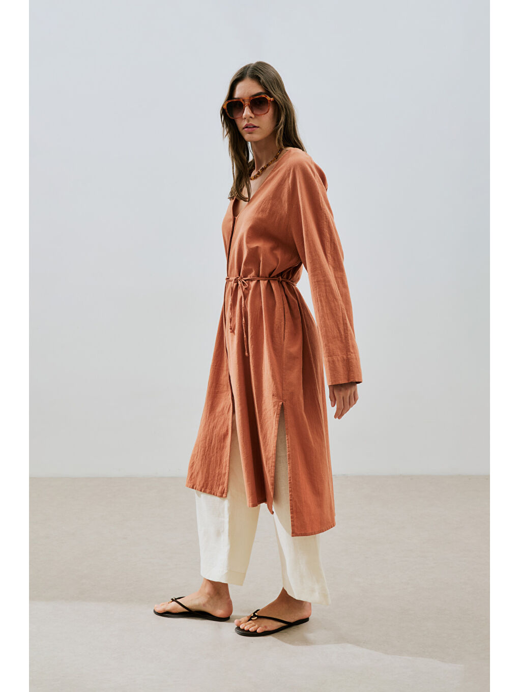 Kahverengi Dokulu Düğmeli Uzun Tunik Tarçın-5