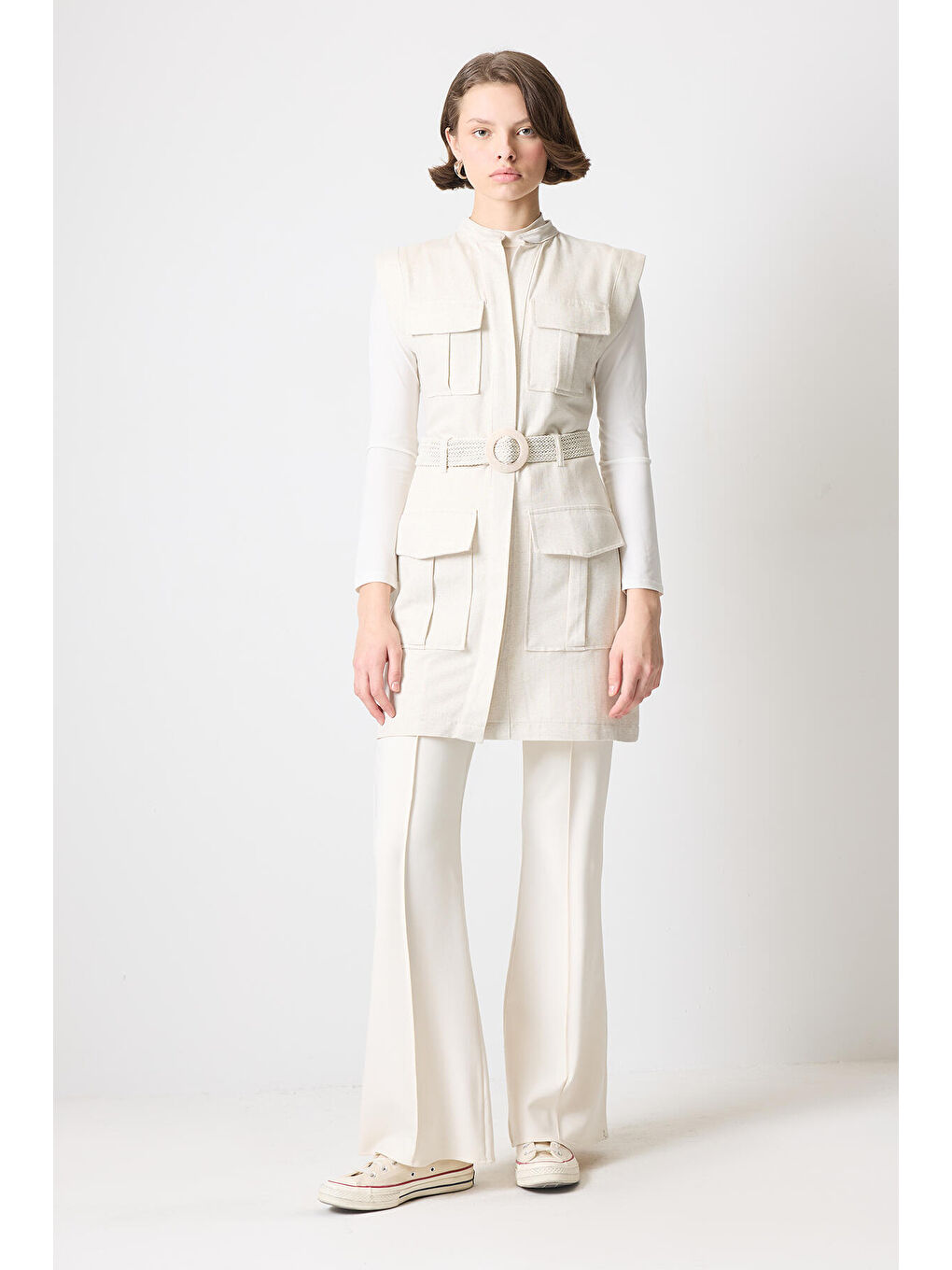 Bej Keten Safari Yelek