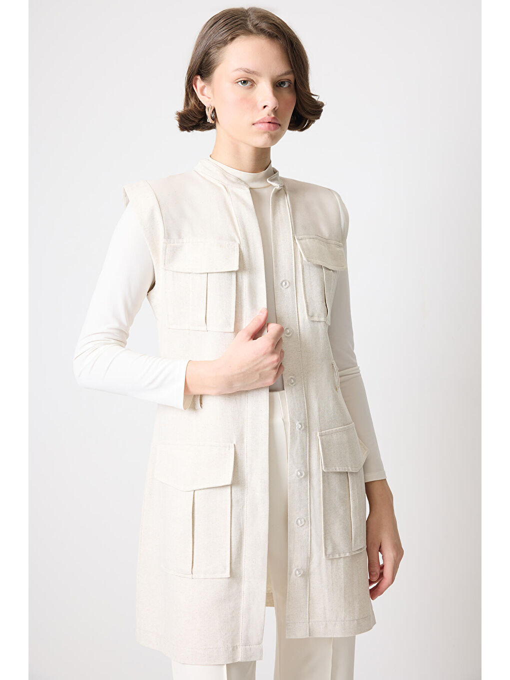 Bej Keten Safari Yelek-1