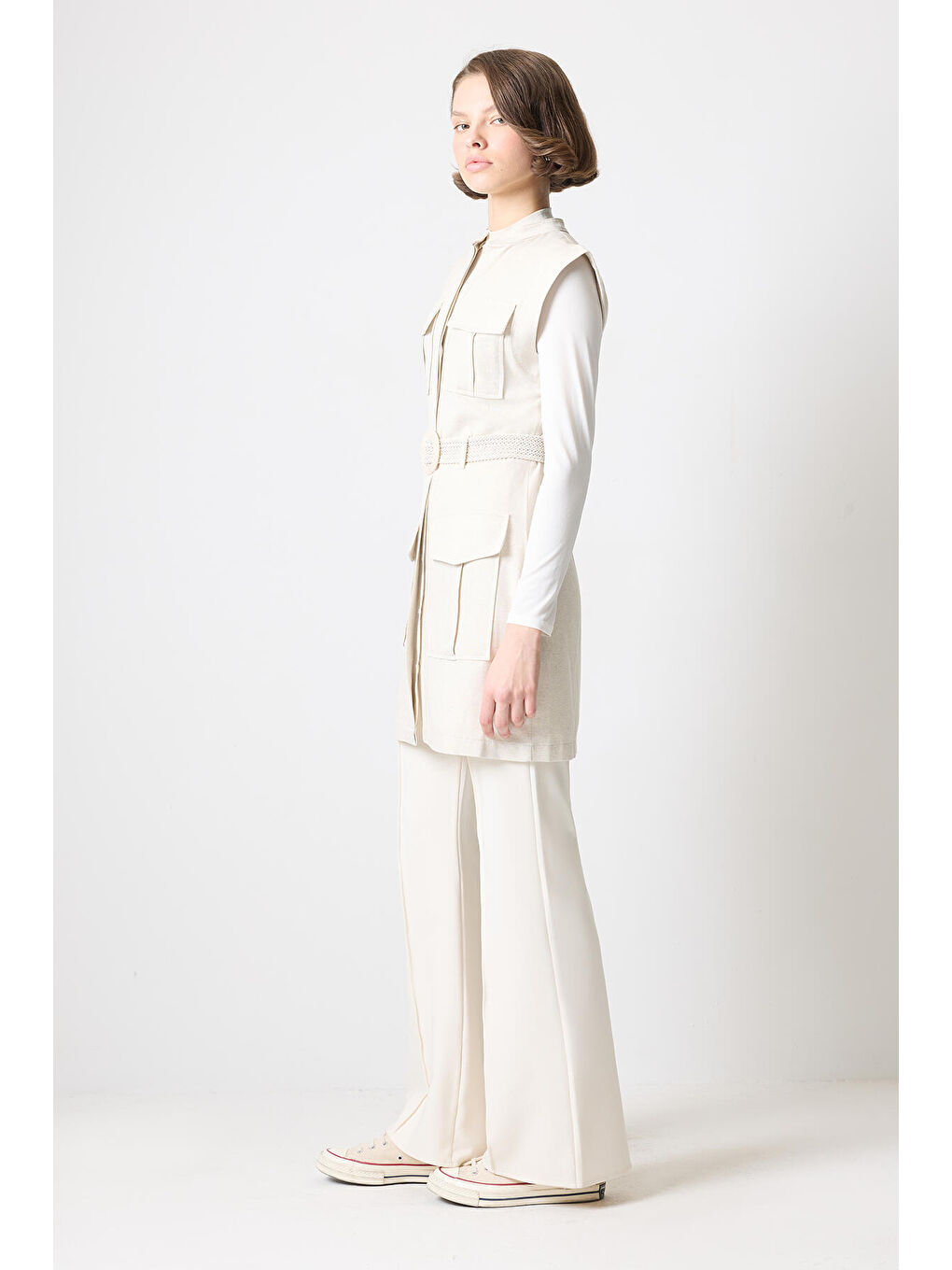 Bej Keten Safari Yelek-2