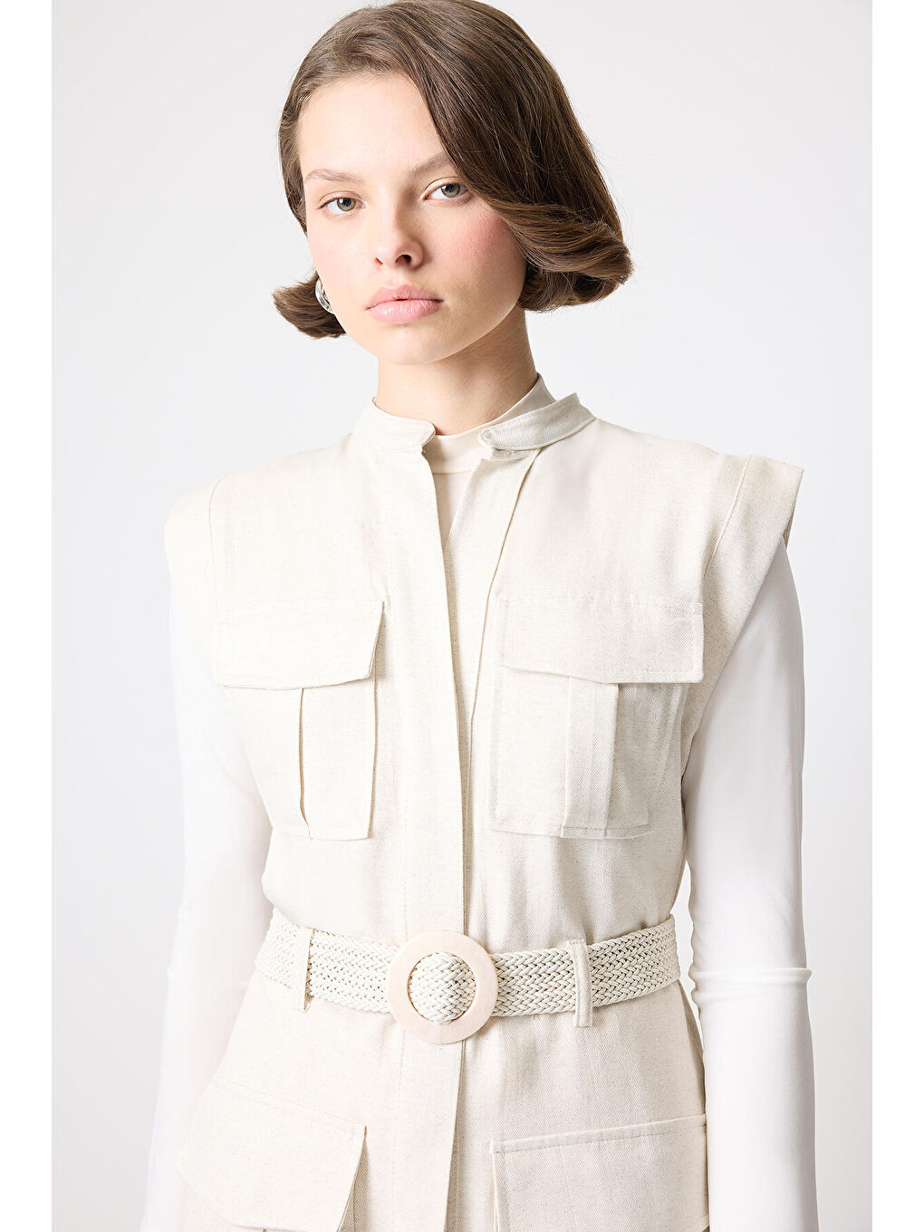 Bej Keten Safari Yelek-4