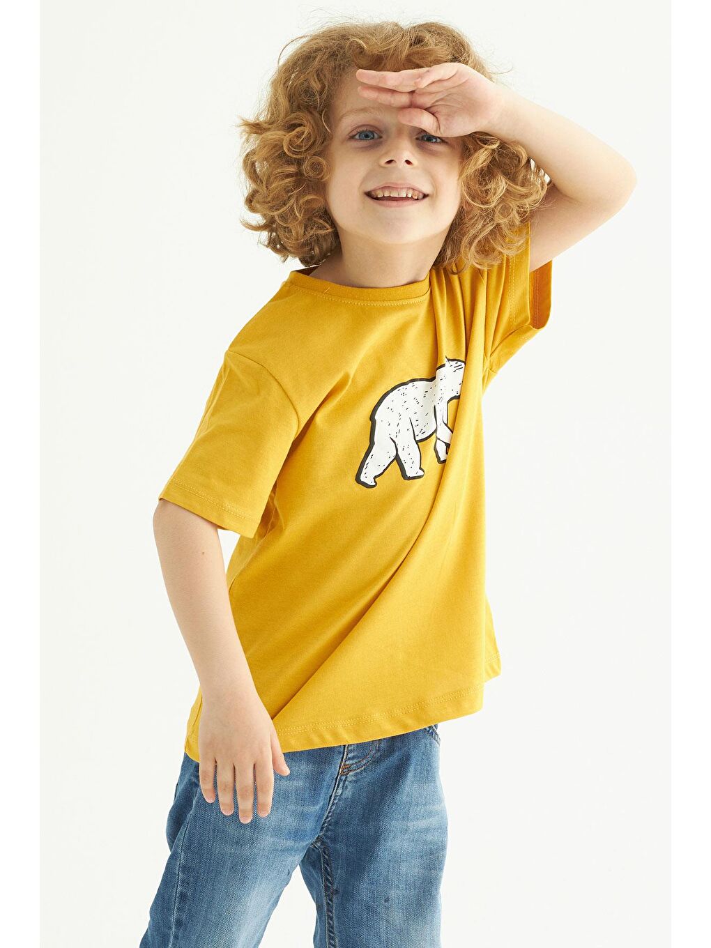 Zepkids Sari Bisiklet Yaka Kısa Kol Ayı Baskılı Hardal Renk Erkek Çocuk Tshirt - 2