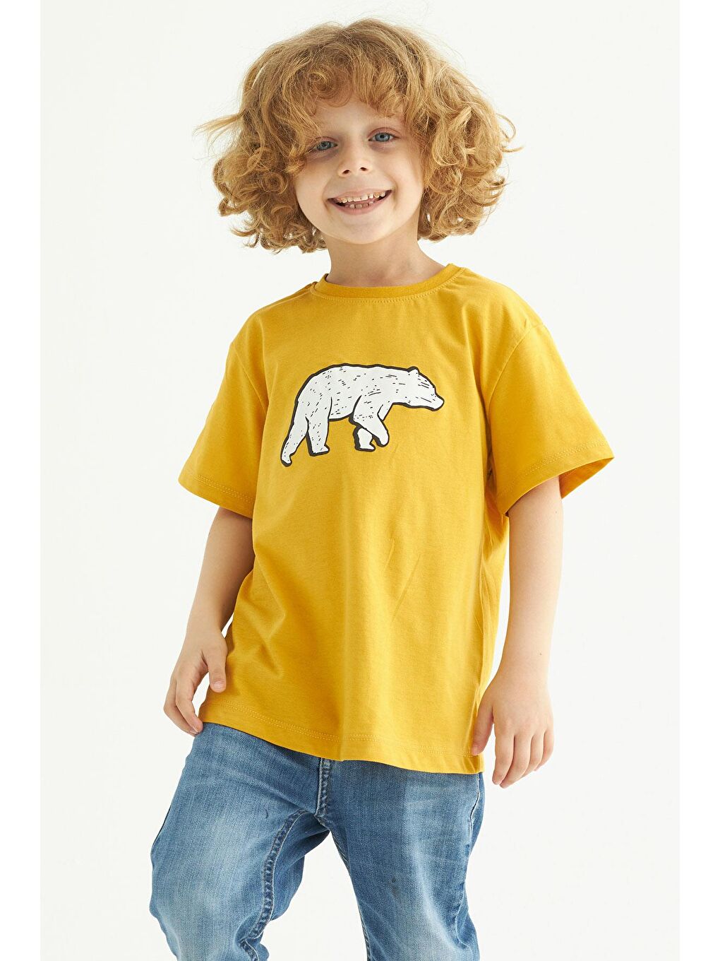 Zepkids Sari Bisiklet Yaka Kısa Kol Ayı Baskılı Hardal Renk Erkek Çocuk Tshirt - 3