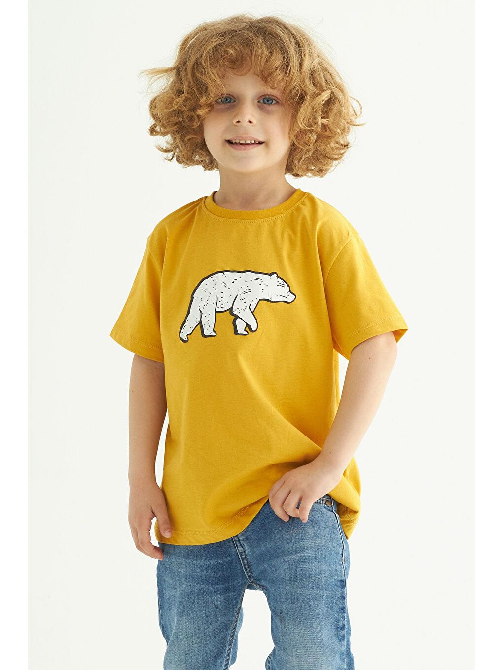 Zepkids Sari Bisiklet Yaka Kısa Kol Ayı Baskılı Hardal Renk Erkek Çocuk Tshirt - 4