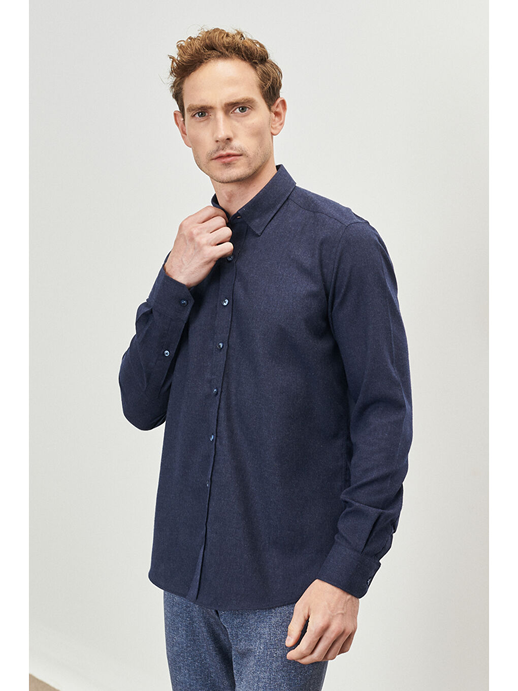 Erkek Lacivert Slim Fit Dar Kesim Gizli Düğmeli Yaka Flanel Oduncu Gömlek-2