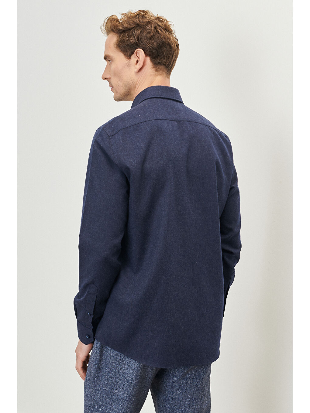 Erkek Lacivert Slim Fit Dar Kesim Gizli Düğmeli Yaka Flanel Oduncu Gömlek-4