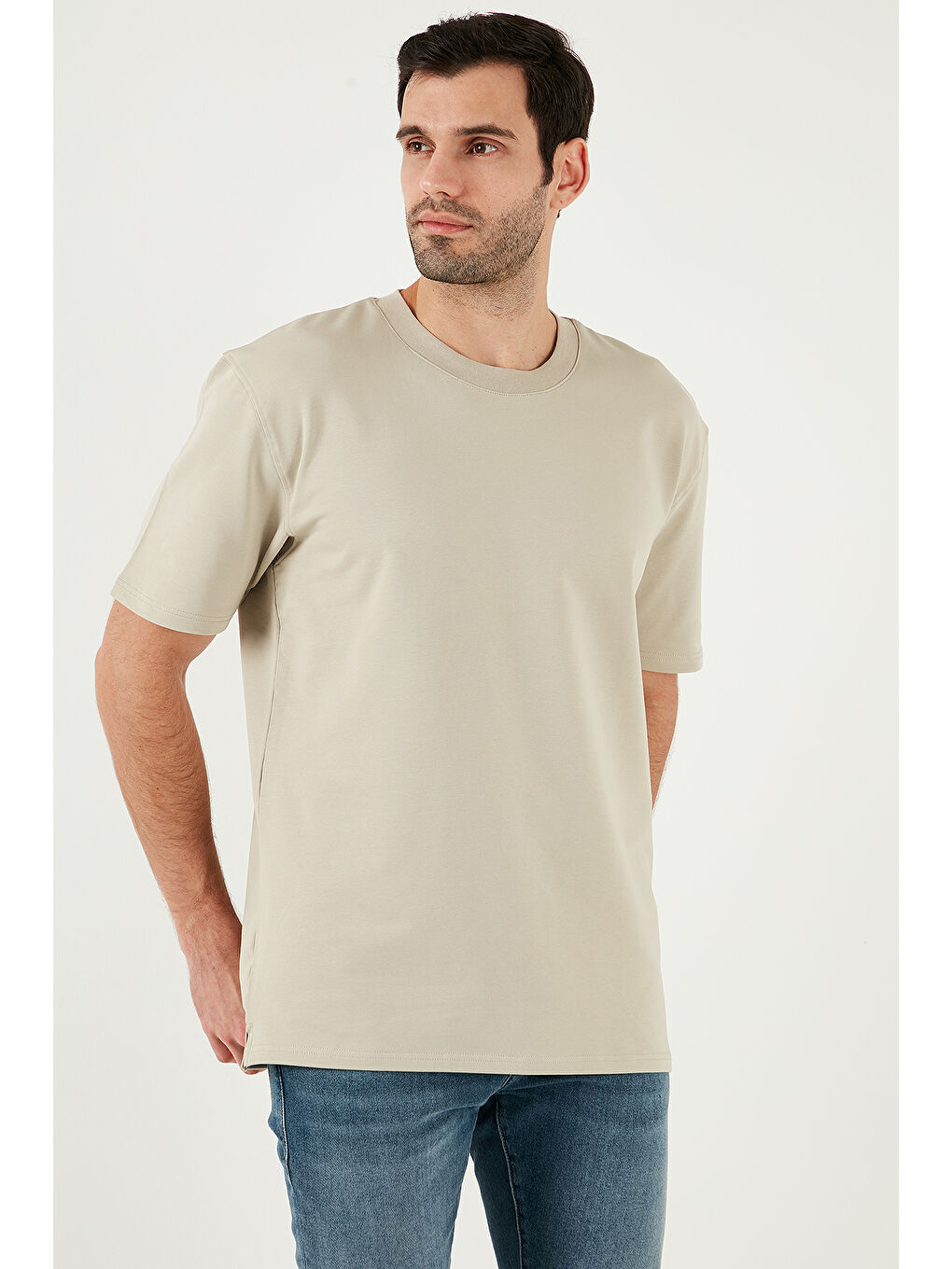 Bej Pamuklu Bisiklet Yaka Relaxed Fit Basic Erkek Tişört 5902610-3