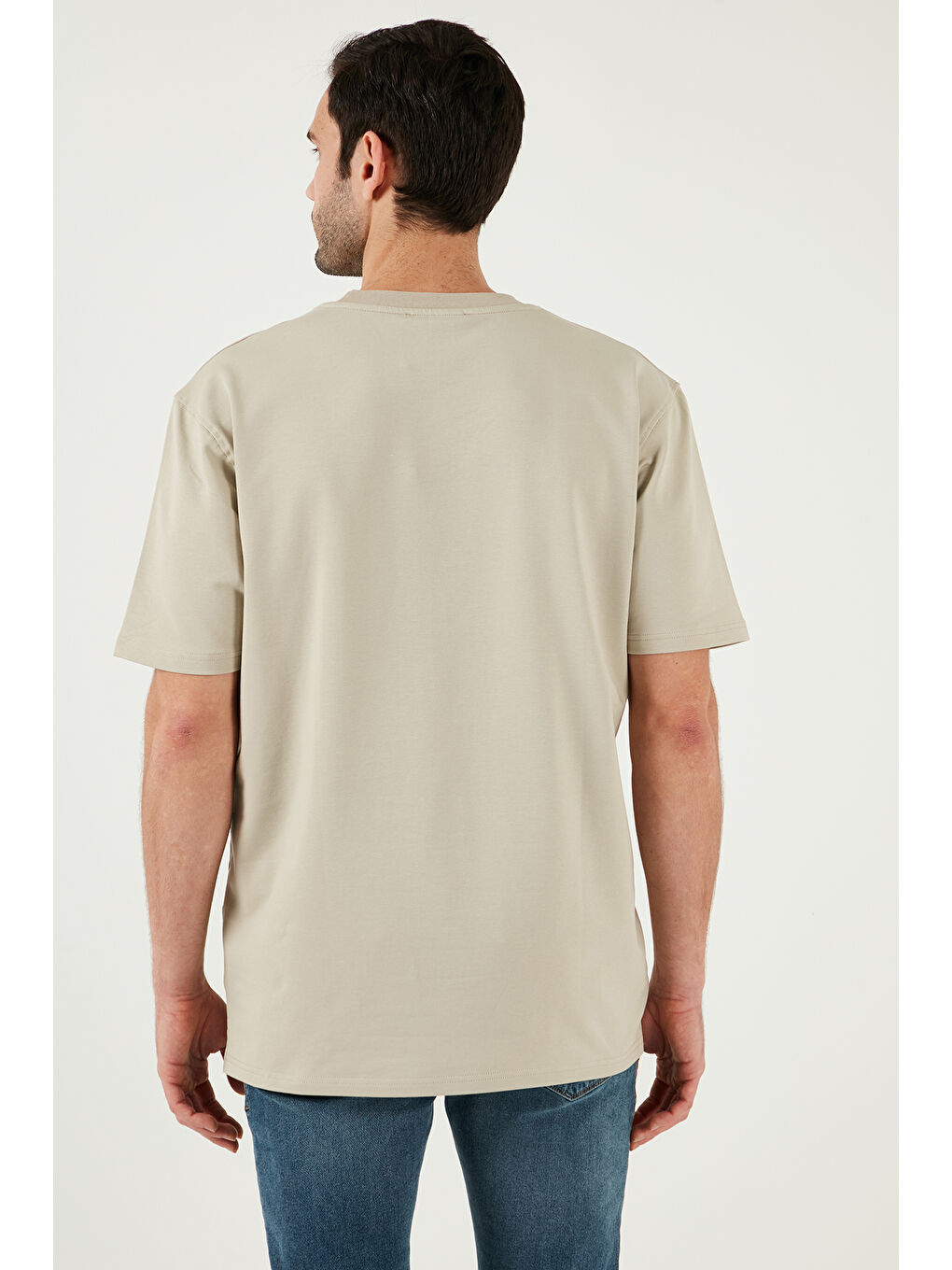 Bej Pamuklu Bisiklet Yaka Relaxed Fit Basic Erkek Tişört 5902610-6