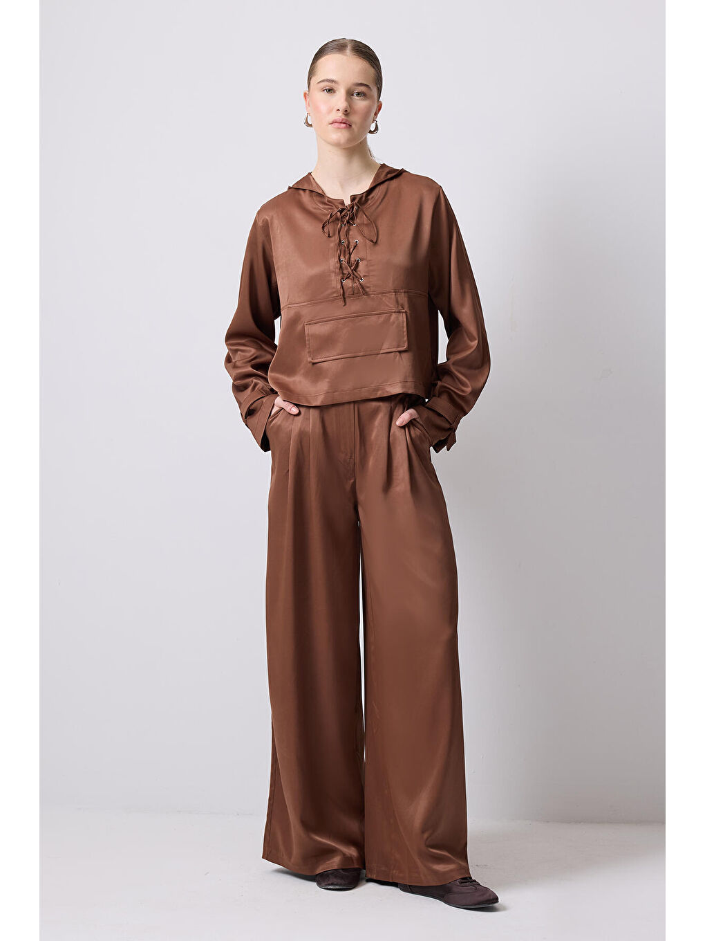 Kahverengi Kanguru Cepli Tunik Pantolon Takım