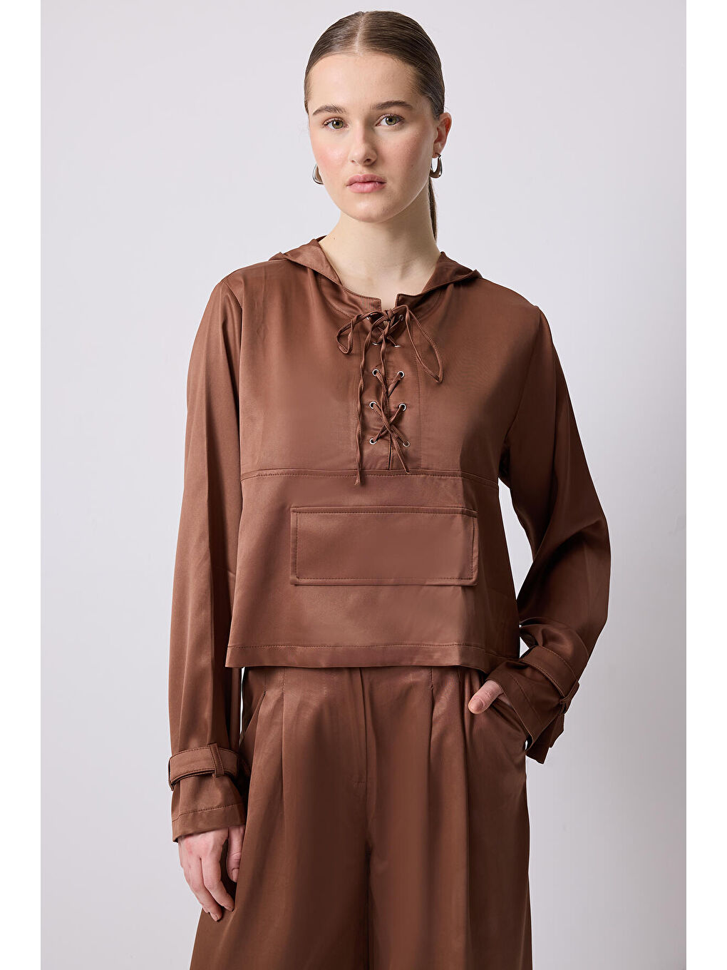 Kahverengi Kanguru Cepli Tunik Pantolon Takım-1