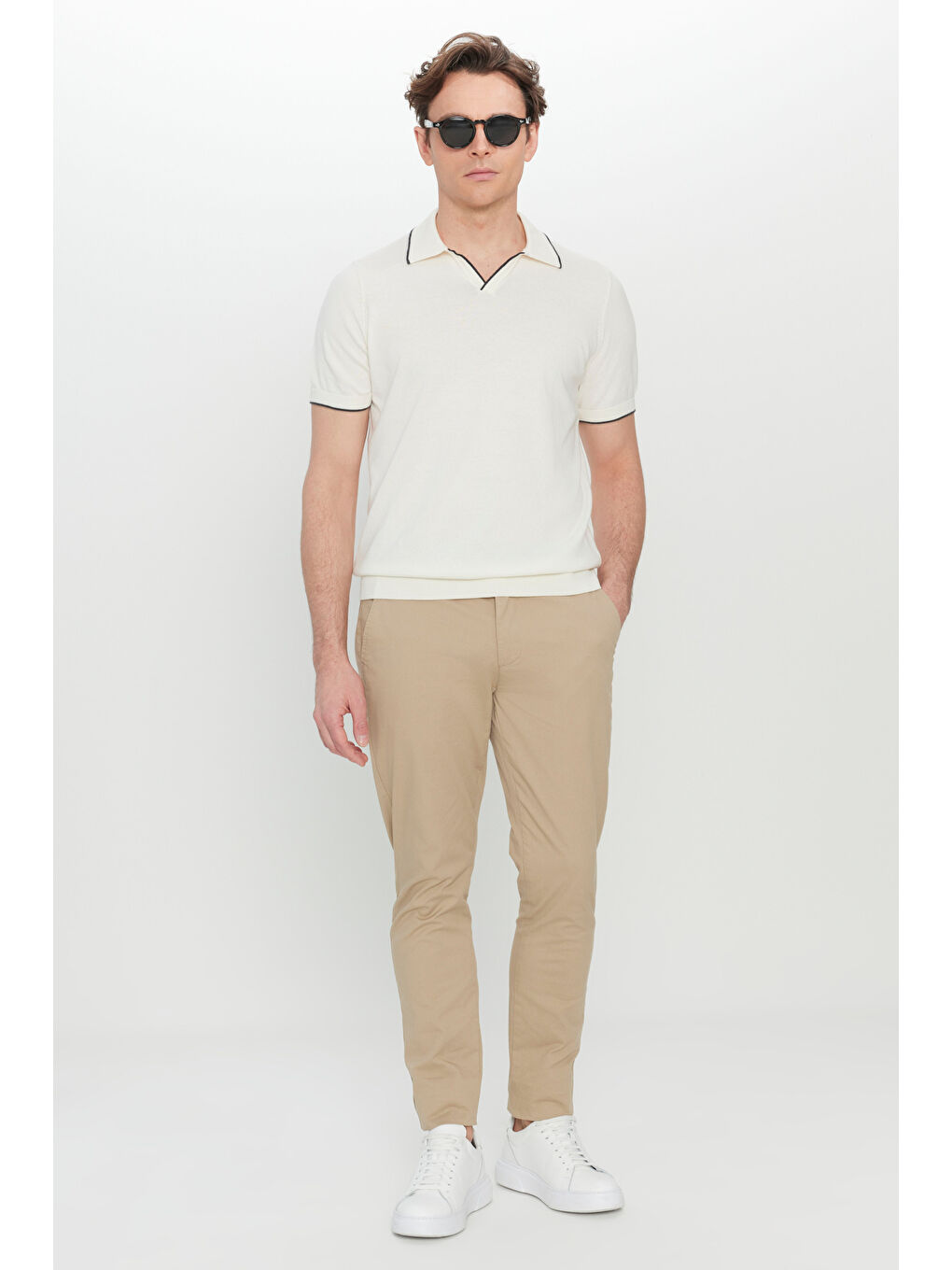 Erkek Ekru %100 Pamuk Standart Fit Normal Kesim Polo Yaka Triko Tişört-1