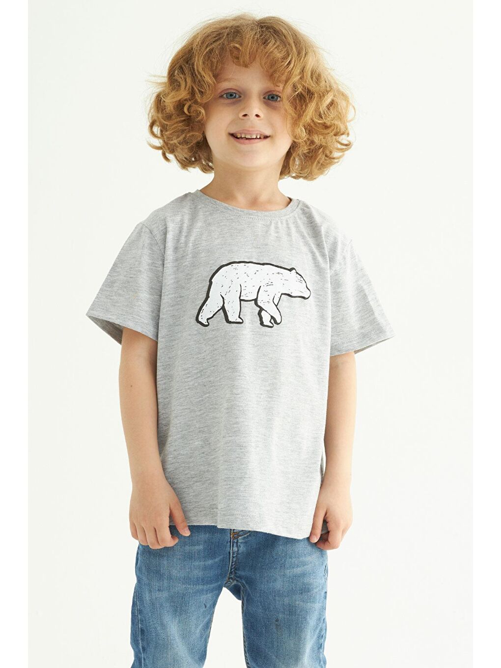 Bisiklet Yaka Kısa Kol Ayı Baskılı Gri Renk Erkek Çocuk Tshirt