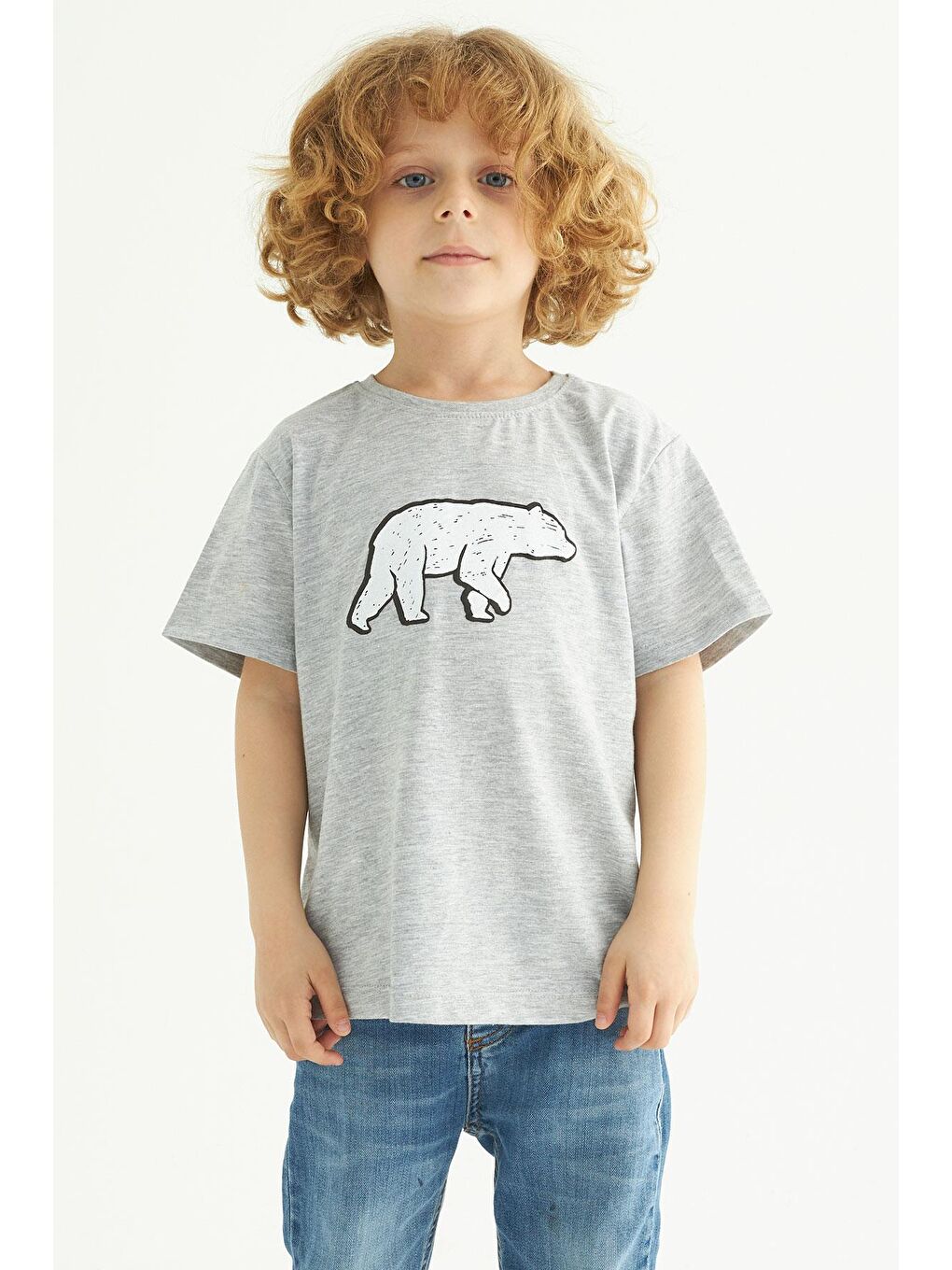 Bisiklet Yaka Kısa Kol Ayı Baskılı Gri Renk Erkek Çocuk Tshirt-1