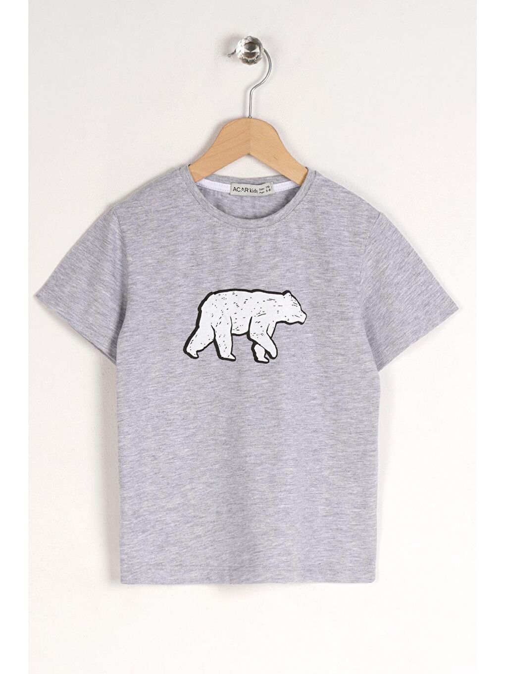 Bisiklet Yaka Kısa Kol Ayı Baskılı Gri Renk Erkek Çocuk Tshirt-2