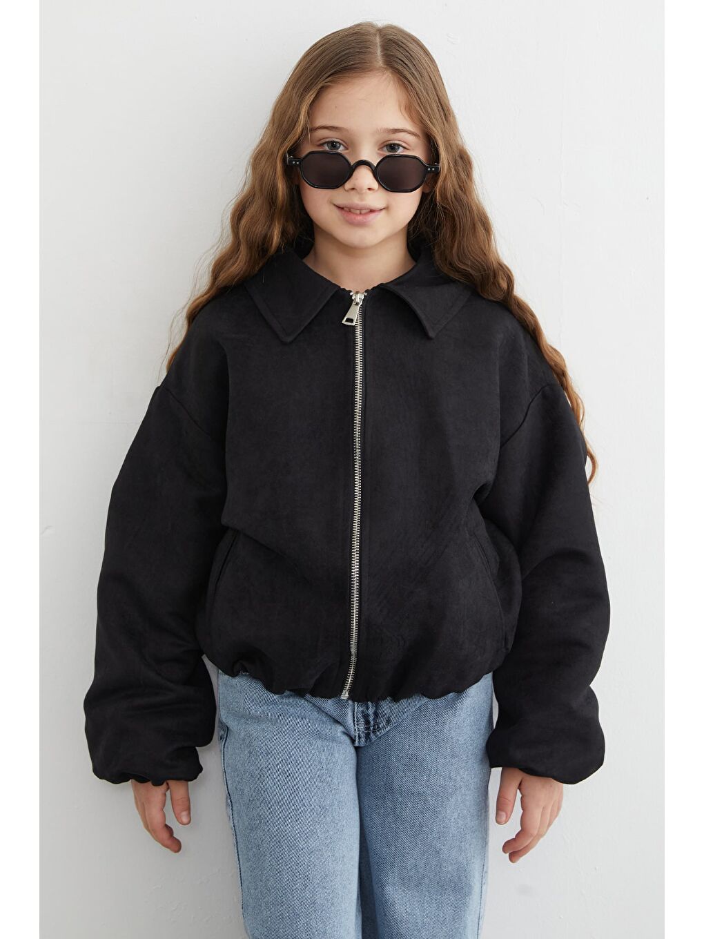 Siyah Fermuarlı Süet Kız Çocuk Bomber Ceket