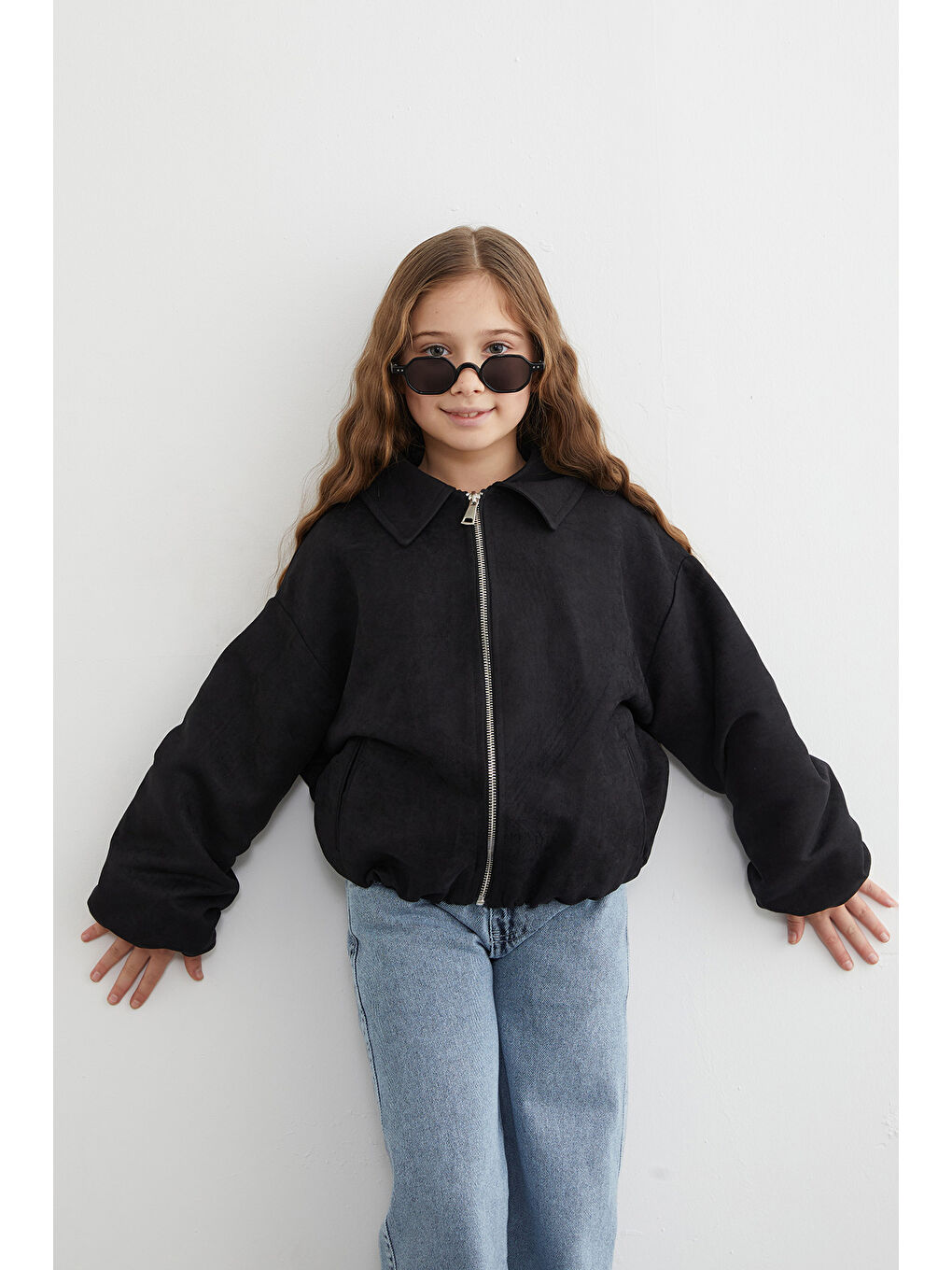 Siyah Fermuarlı Süet Kız Çocuk Bomber Ceket-1