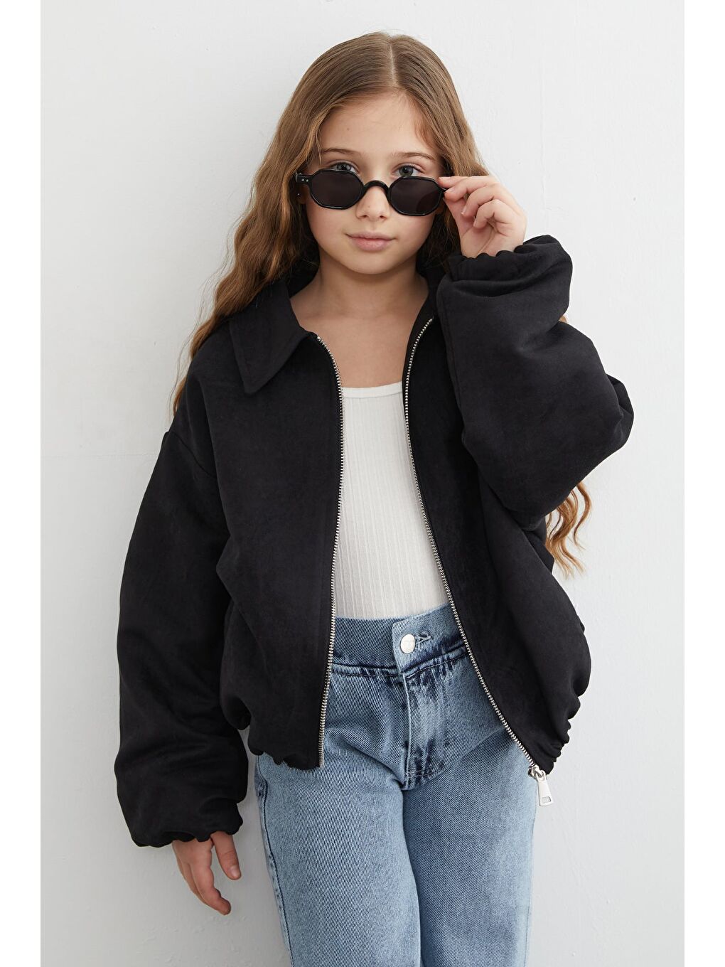 Siyah Fermuarlı Süet Kız Çocuk Bomber Ceket-2
