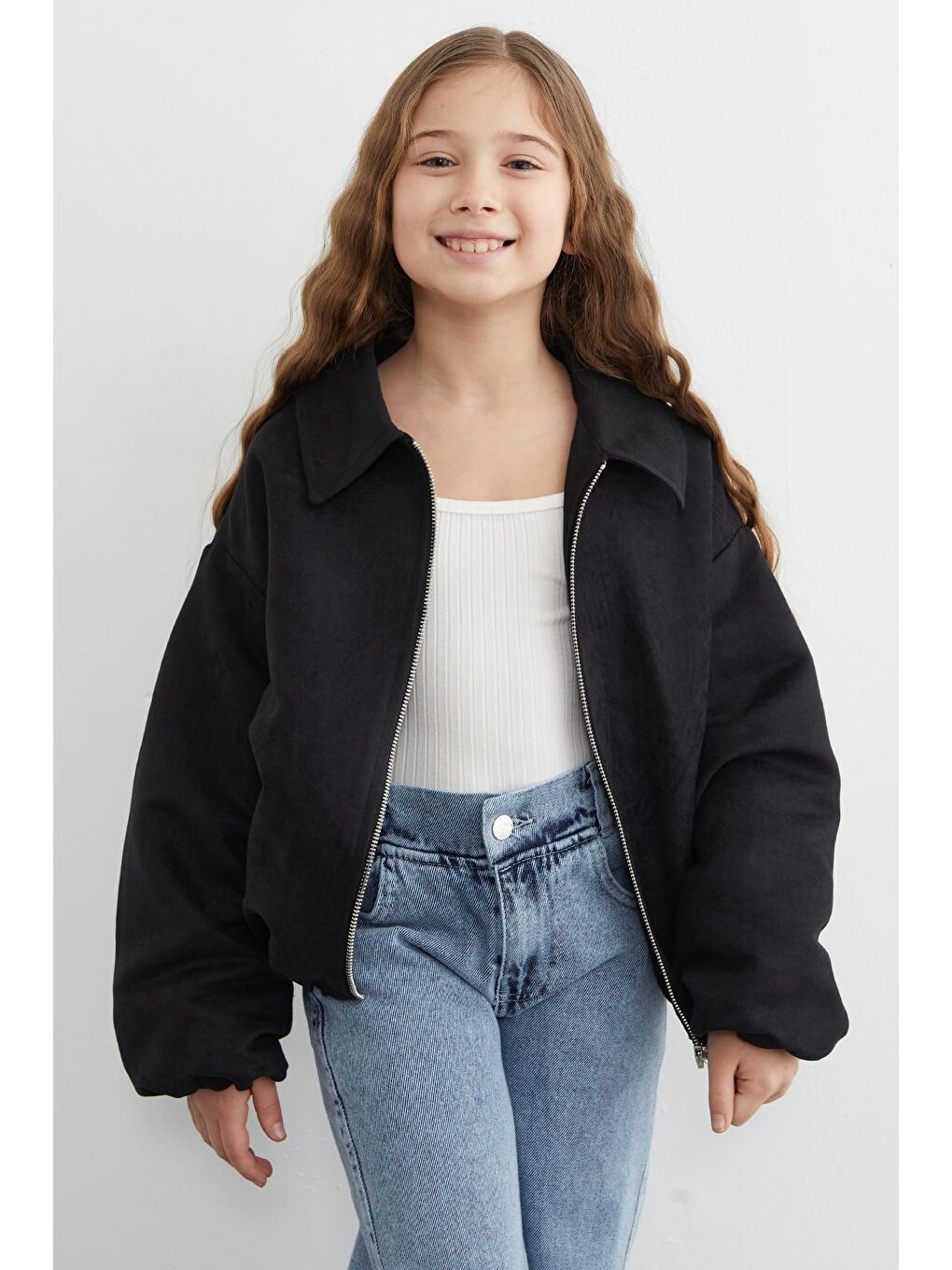 Siyah Fermuarlı Süet Kız Çocuk Bomber Ceket-3