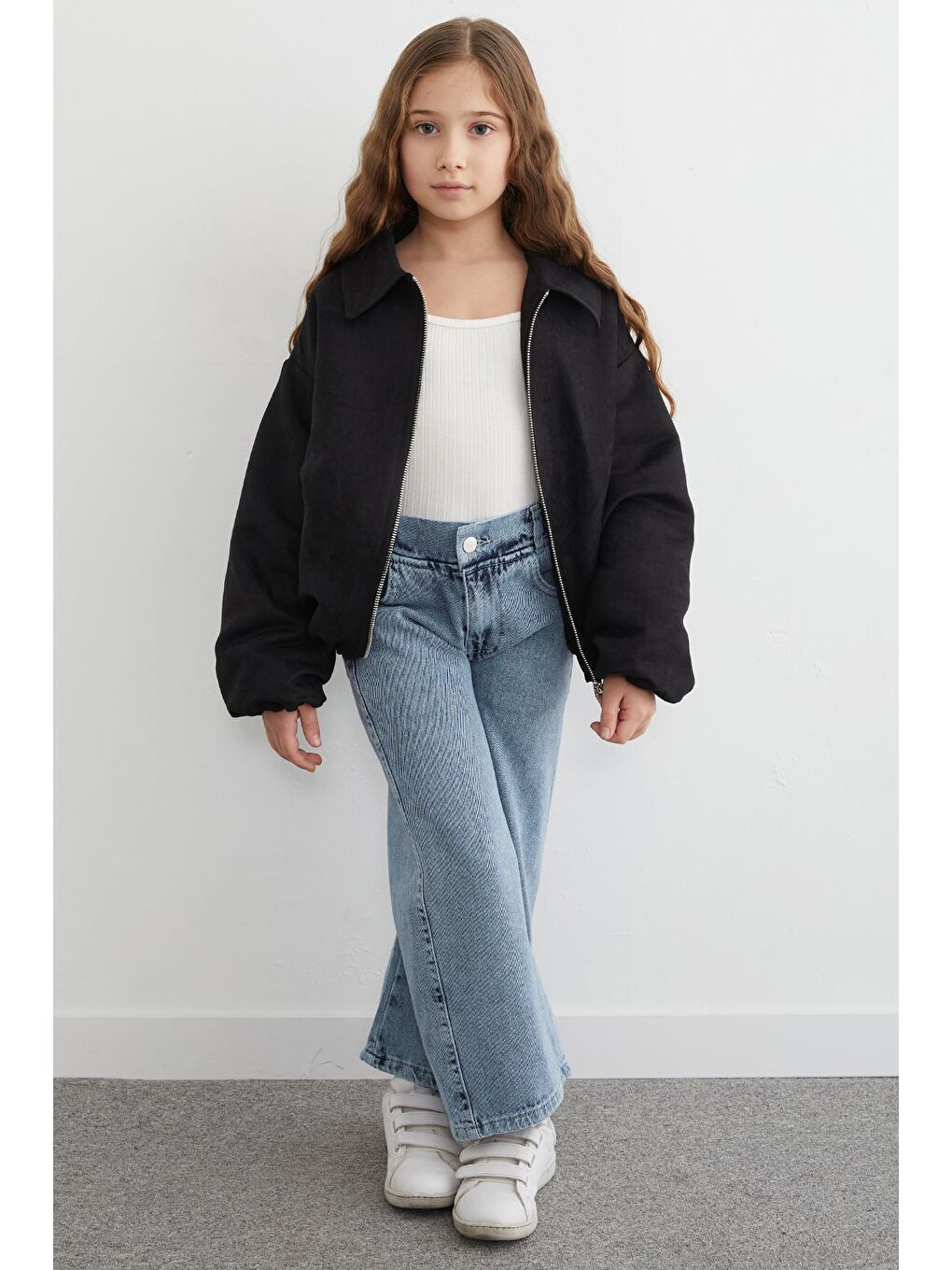 Siyah Fermuarlı Süet Kız Çocuk Bomber Ceket-4