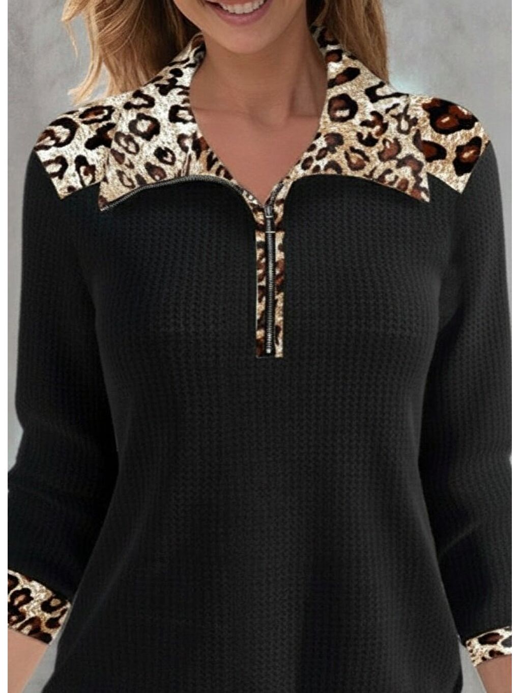 Siyah Kadın Uzun Kollu Leopar Yakalı Fermuarlı Waffle Bluz-1