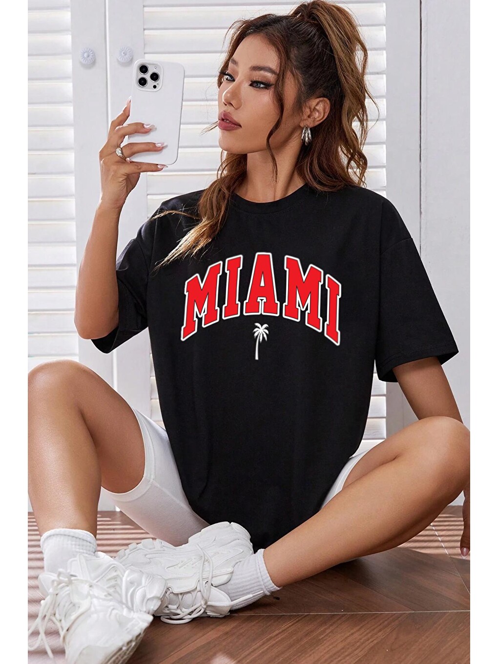 Siyah Unisex Miami Baskılı Tasarım Tshirt