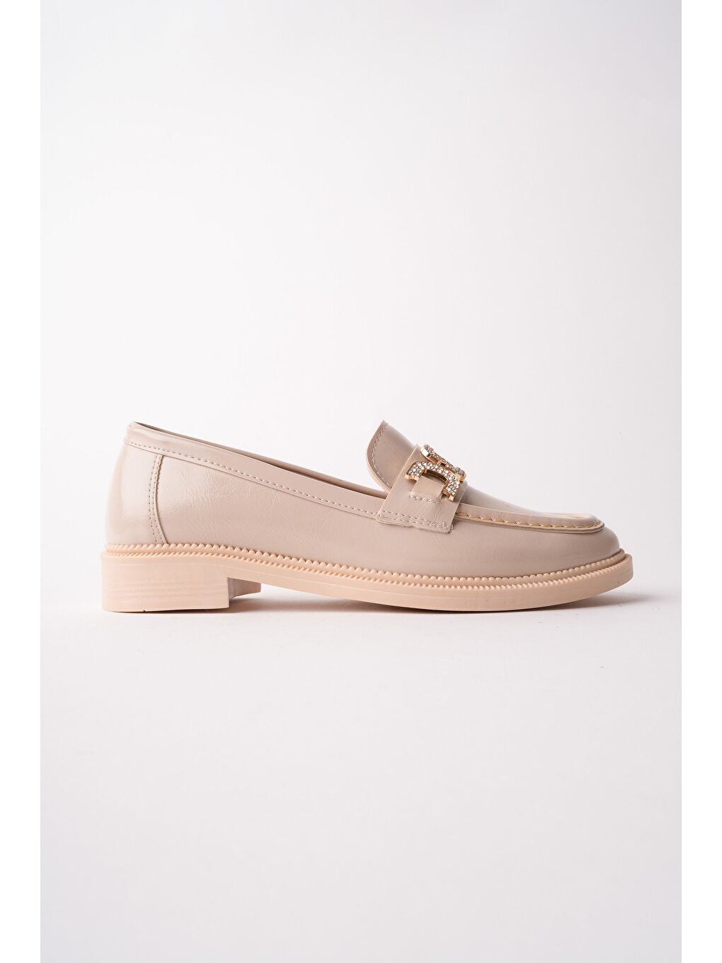 Bej ARVEN Metal Tokalı Taş Detaylı Günlük Kadın Günlük Loafer Ayakkabı-1