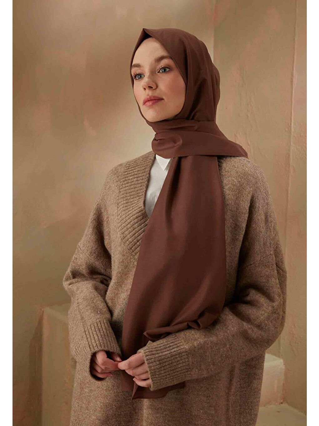 Kahverengi Pamuk Viskon Şal Sıcak Kahve-3