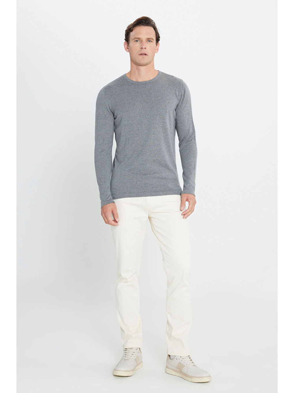 Erkek Gri Melanj Standart Fit Normal Kesim Bisiklet Yaka Triko Kazak-1