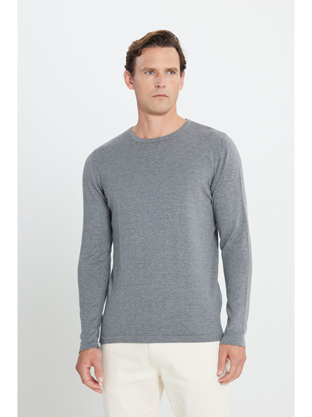 Erkek Gri Melanj Standart Fit Normal Kesim Bisiklet Yaka Triko Kazak-2